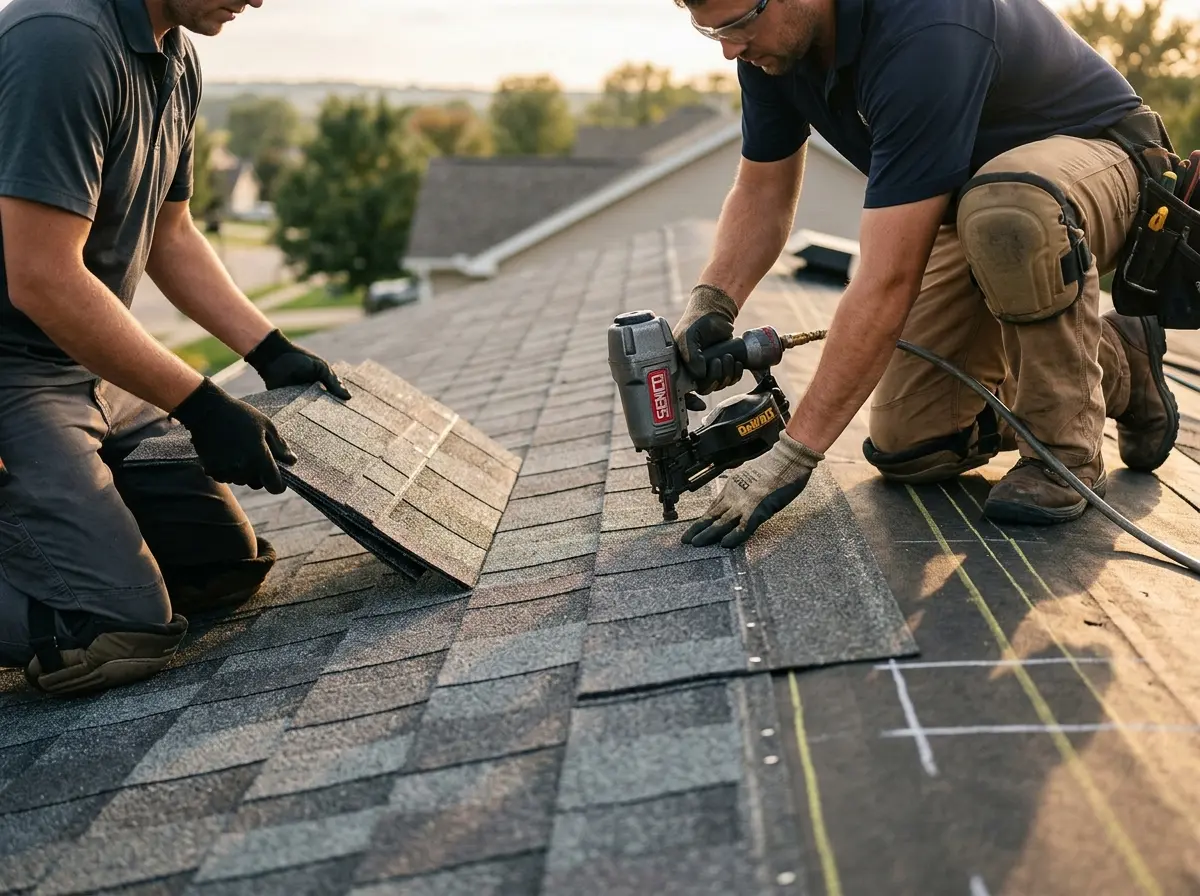Professional roofer working on a residential roof in Prairie Grove